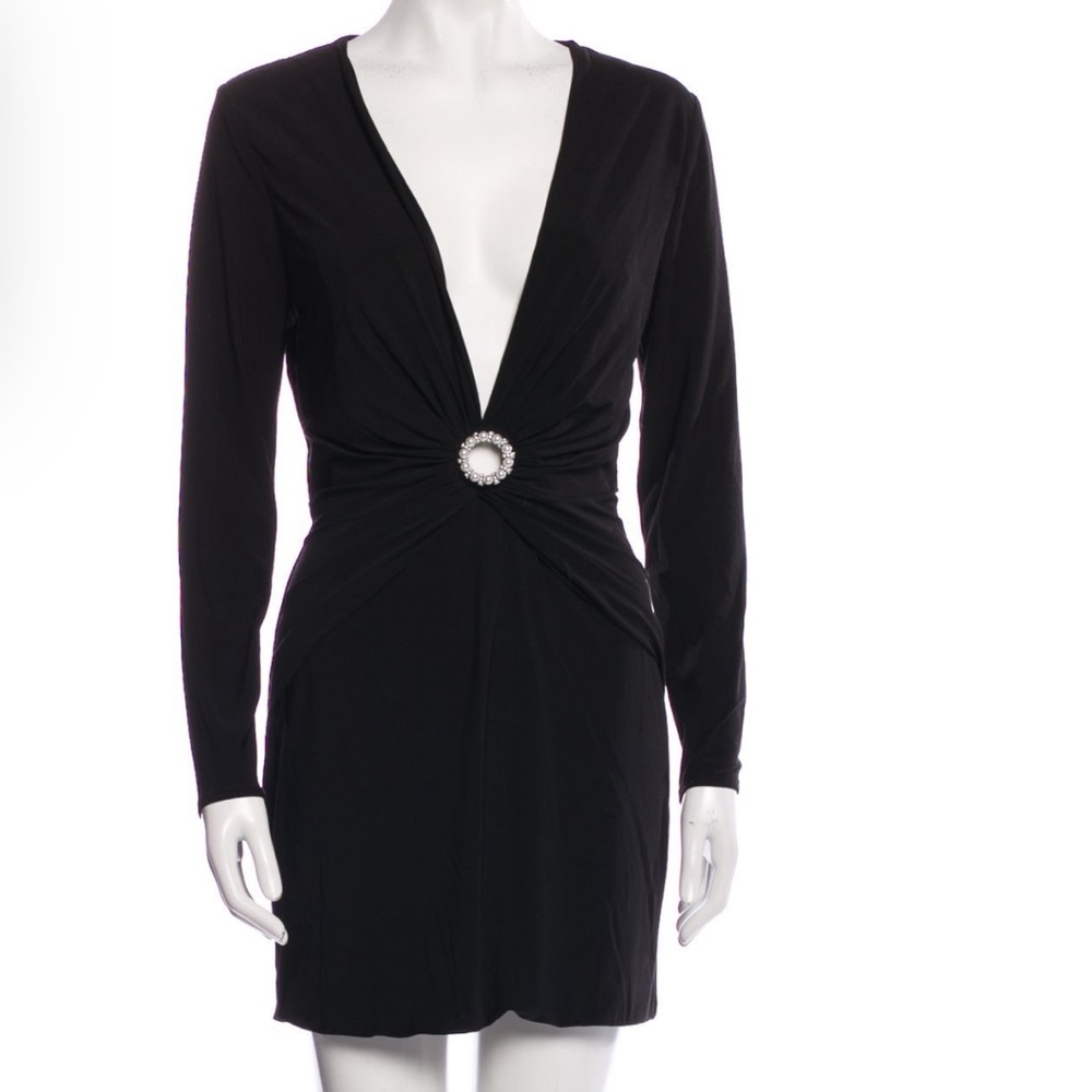 Ieena for Mac Duggal long sleeve black mini dress with metal and pearl ring